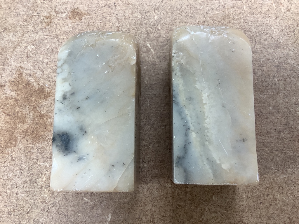 Two Chinese square soapstone seals, height 7cm